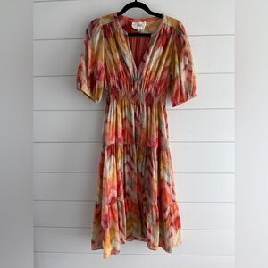 ba&sh Multicolor Tiered Midi Dress in Coral, Yellow & Cream, Size S